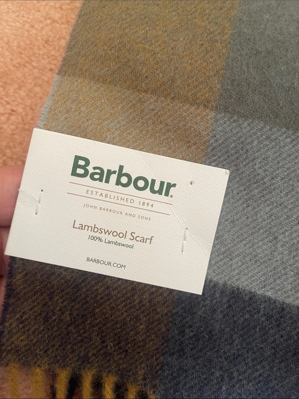 Barbour Lambswool Tattersall Scarf in Mustard, Slate Blue, Olive & Cream